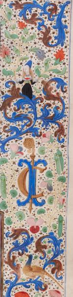 Detail van de randdecoratie. Het monogram IC, met een abtsstaf in het midden, verwijst naar Duinenabt Jan Crabbe, opdrachtgever en eigenaar van het manuscript (AGSB, Ms. 158/189, fol. 138r). © stad Brugge