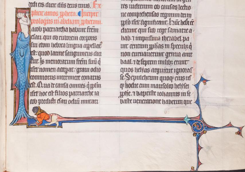 Een man wordt verorberd door een vis. Let ook op de aap-vis-geit (?) figuur. Archief Grootseminarie Brugge, Ms. 5/191, fol. 205r. © stad Brugge