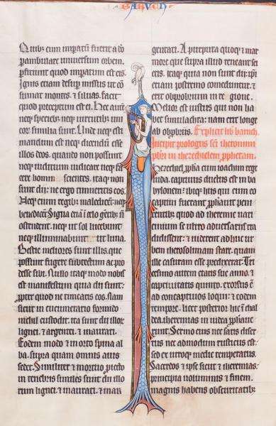 Een vreemde figuur, half mens- half vis, bespeelt een harp tussen de teksten van boek Baruch. Archief Grootseminarie Brugge, Ms. 5/191, fol. 125v.  © stad Brugge