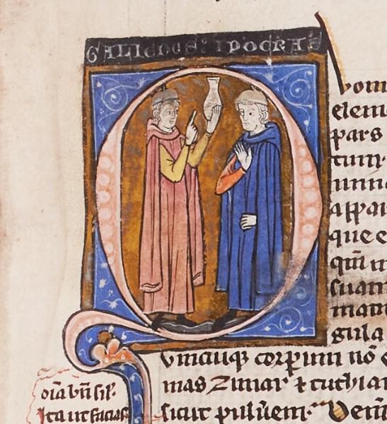 Galenus houdt een urinestaal omhoog. Hij is in gesprek met Hippocrates. (Ms. 93/61, fol. 19r) © stad Brugge