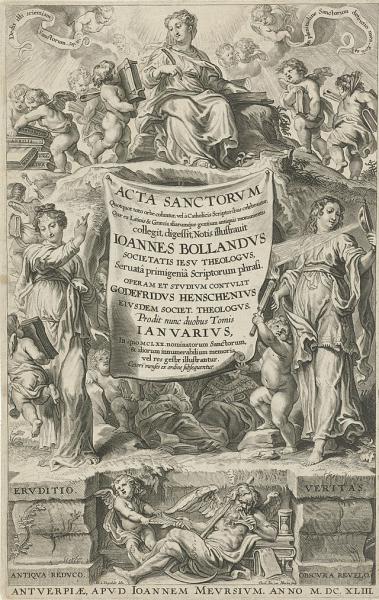 Allegorie met Geschiedenis, Geleerdheid en Waarheid - Titelpagina van de Acta sanctorum van Joannes Bollandus © RR