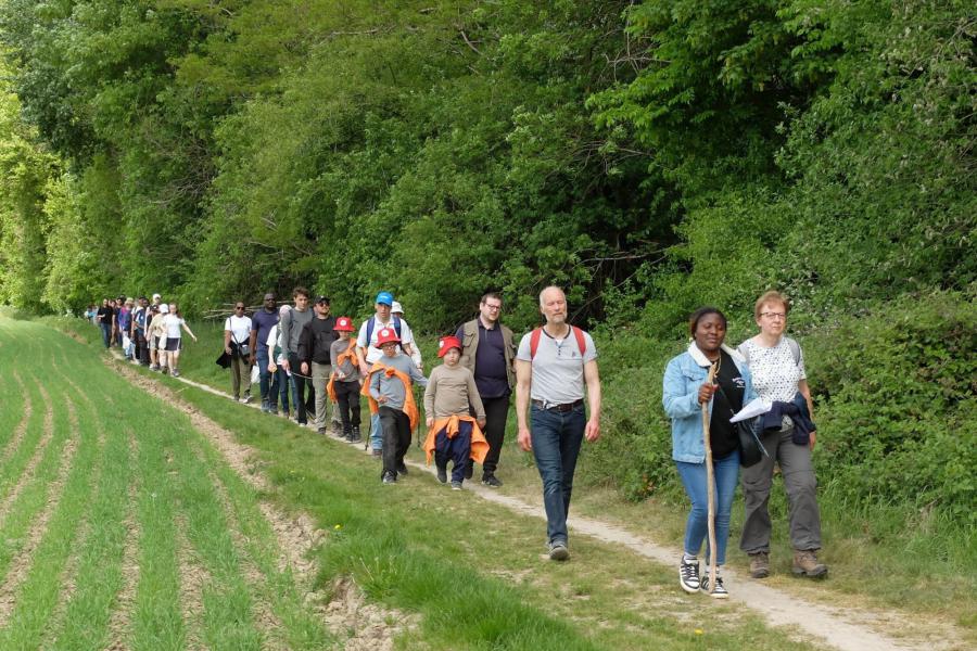 Bedevaarders van alle leeftijden treden in de voetsporen van velen voor hen door de prachtige natuur richting Basse-Wavre © Pastorale zone Leuven aan de Dijle