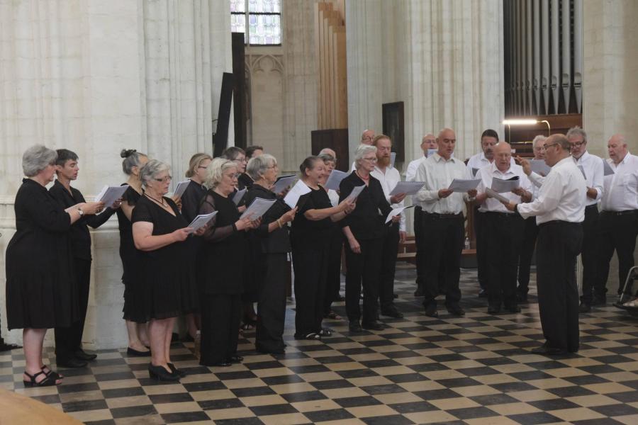 Het koor Schola Gregoriana Europaea o.l.v. Juan Carlos Asensio in de Sint-Pieterskerk - Maria Tenhemelopneming 2022 © Pastorale zone Leuven aan de Dijle