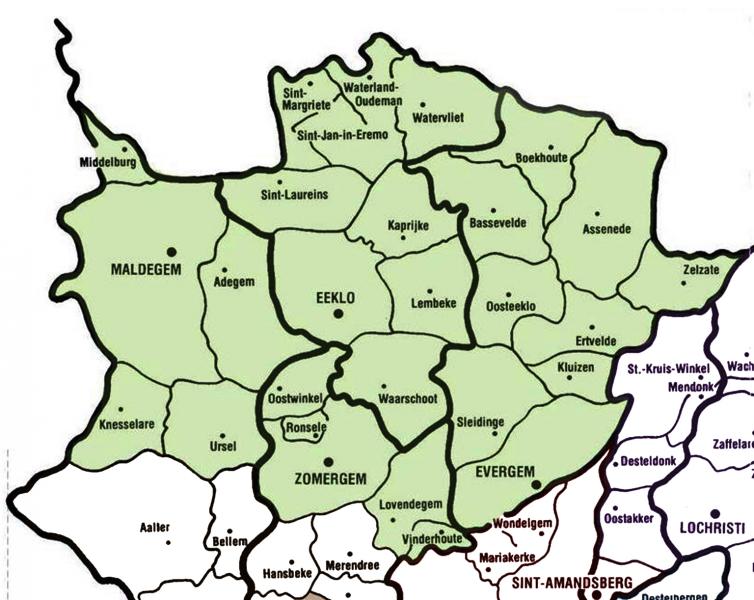 De groen ingekleurde gebieden vormen het nieuwe dekenaat Eeklo