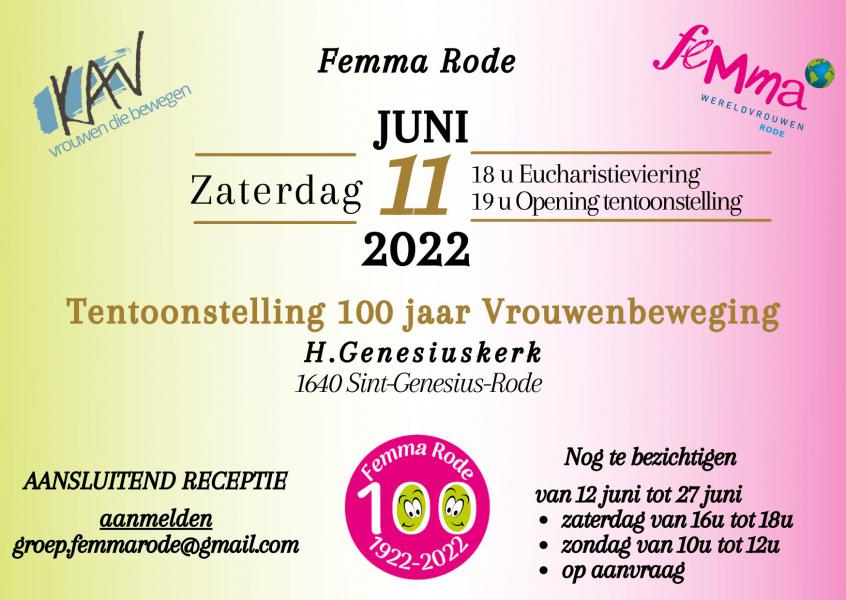 Uitnodiging voor de viering van 100 jaar Vrouwengilde-KAV-Femma in Rode © Femma Rode