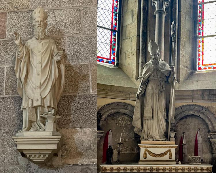 Links St.-Elooi in de abdijkerk van Solignac, rechts zijn beeld in de kathedraal van Noyon. Hij draagt telkens een mijter en is vergezeld van een aambeeld. © Chris Van der Meeren
