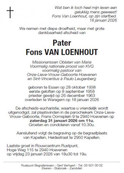 Aankondiging overlijden Fons Van Loenhout © Rustpunt Begrafenissen