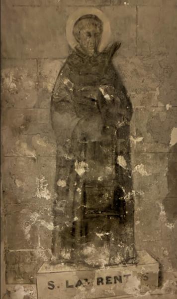 Fresco van Laurentius in de crypte van de Basilique Notre Dame in Boulogne-sur-Mer. © Dirk Van Erps