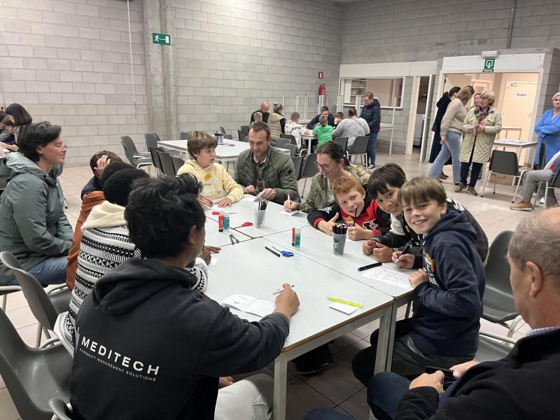 Vormelingen knutselen een kaart met wegwijzers. 