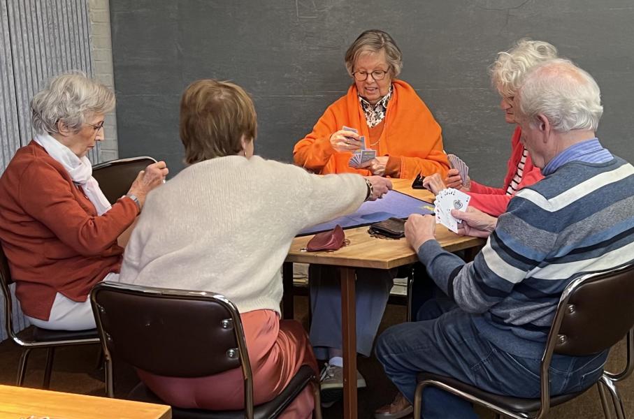 Tijdens de wekelijkse samenkomsten wordt er gebabbeld, gekaart of een spelletje rummikub gespeeld © Dirk Bellens