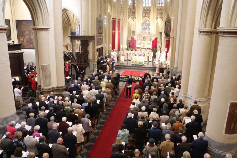 In een overvolle Sint-Quintinuskathedraal werd mgr. Hoogmartens gevierd © Jente Vandewijer