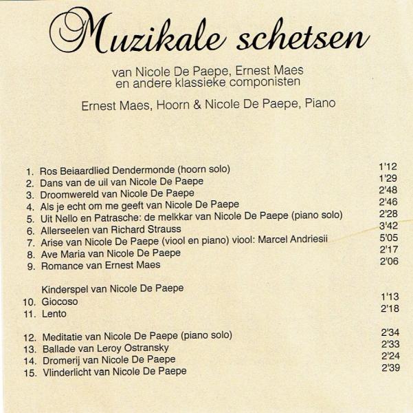 inhoud van de cd Muzikale schetsen met Nicole De Paepe en Ernest Maes © Nicole De Paepe