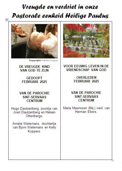 Vreugde en verdriet in onze Pastorale eenheid H. Paulus februari 2025 