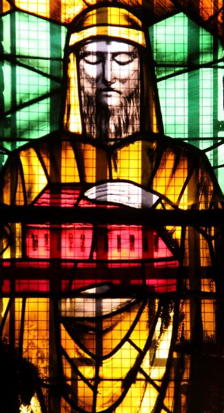 detail van een glasraam van Eugeen Yoors: Noach met de ark © Mia Verbanck