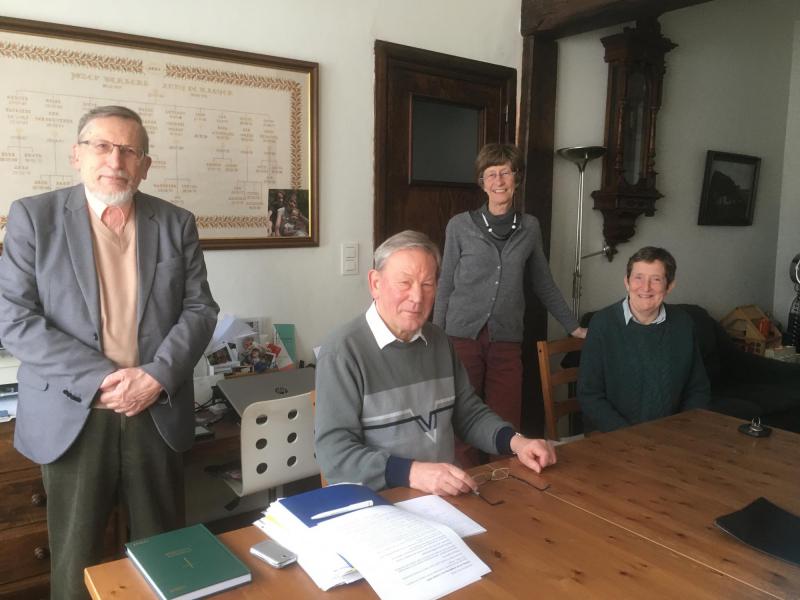 Het pastoraal team tijdens corona, 2020, v.l.n.r. Jan Neefs, Rik Corens, Marie Christine Dierickx-De Ferm, Hedwig Ceulemans-De Bruyn © H. Pius X-parochiegemeenschap Wilrijk