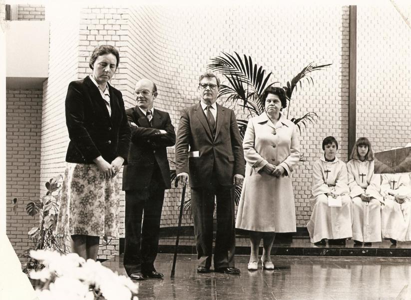 Het eerste pastoraal team, april 1982, v.l.n.r. Bea Schatteman, Jos Phlix, Jan Baken, Maria Lever © H. Pius X-parochiegemeenschap Wilrijk