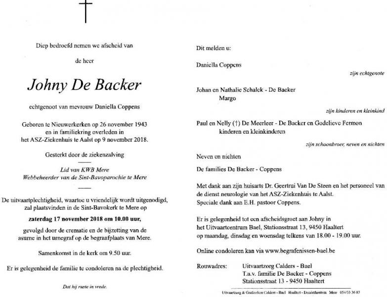 Rouwbrief Johny De Backer 