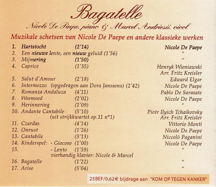 Inhoud van de cd Bagatelle © Nicole De Paepe