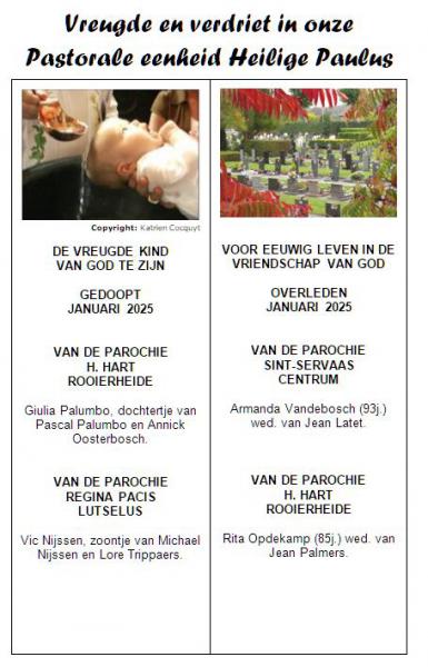 Vreugde en verdriet in onze Pastorale eenheid H. Paulus januari 2025 