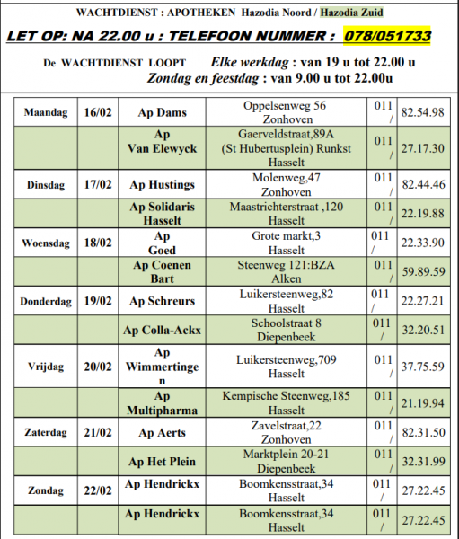 Wachtdienst apothekers 16-02-2026 tot 22-02-2026 