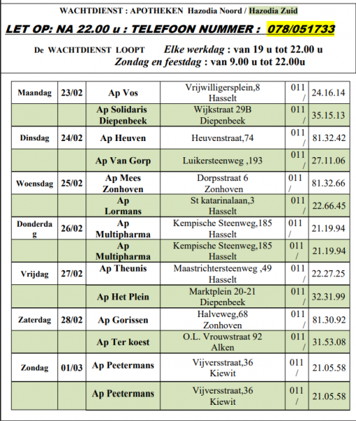 Wachtdienst apothekers 23-02-2026 tot 01-03-2026 