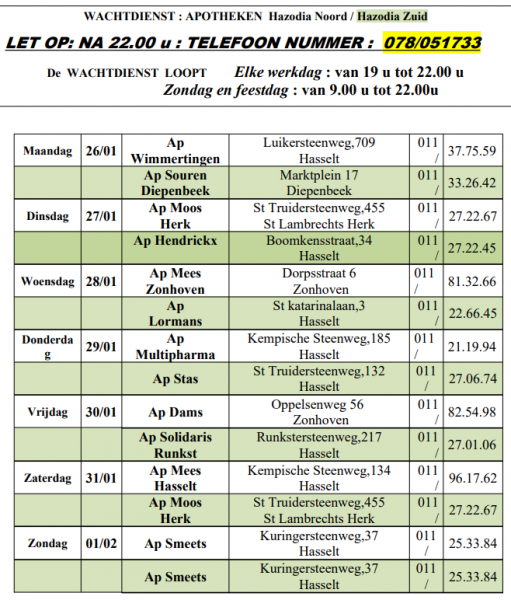Wachtdienst apothekers 26-01-2026 tot 1-02-2026 