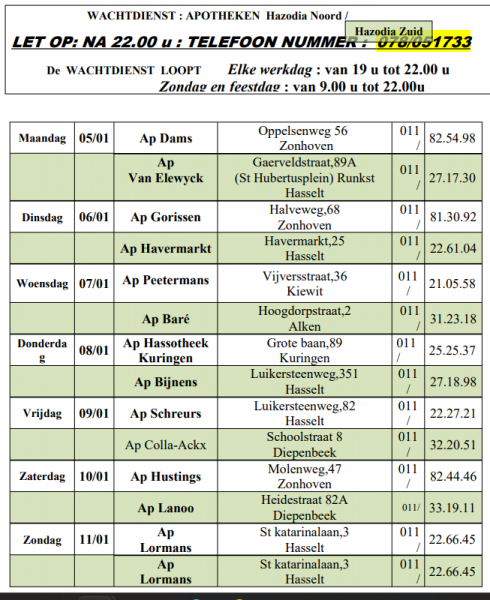 Wachtdienst apothekers 5-01-2026 tot 11-01-2026 