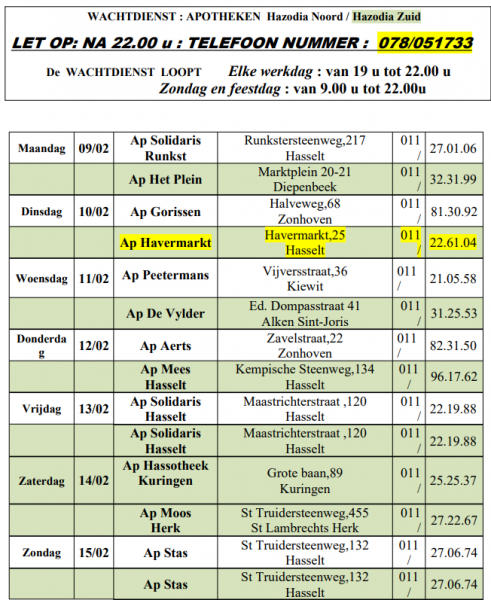 Wachtdienst apothekers 9-02-2026 tot 15-02-2026 