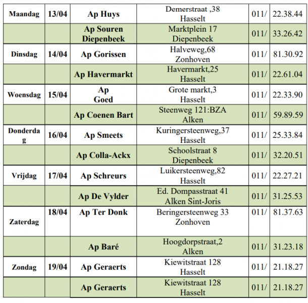 Wachtdienst apothekers van 13-04-2026 tot en met 19-04-2026 