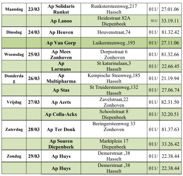 Wachtdienst apothekers van 23-03-2026 tot en met 29-03-2026 