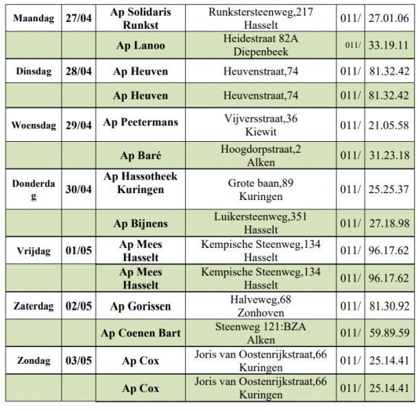 Wachtdienst apothekers van 27-04-2026 tot en met 3-05-2026 