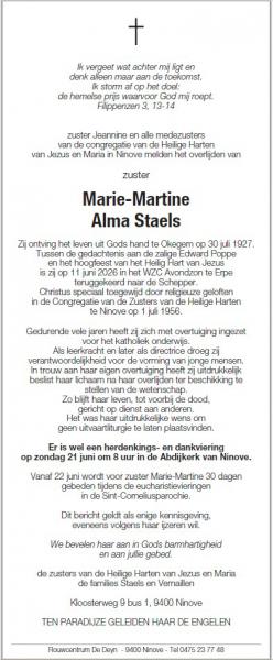 Zuster Marie-Martine - Alma Staels - overlijdensbericht © Alexander Vandaele