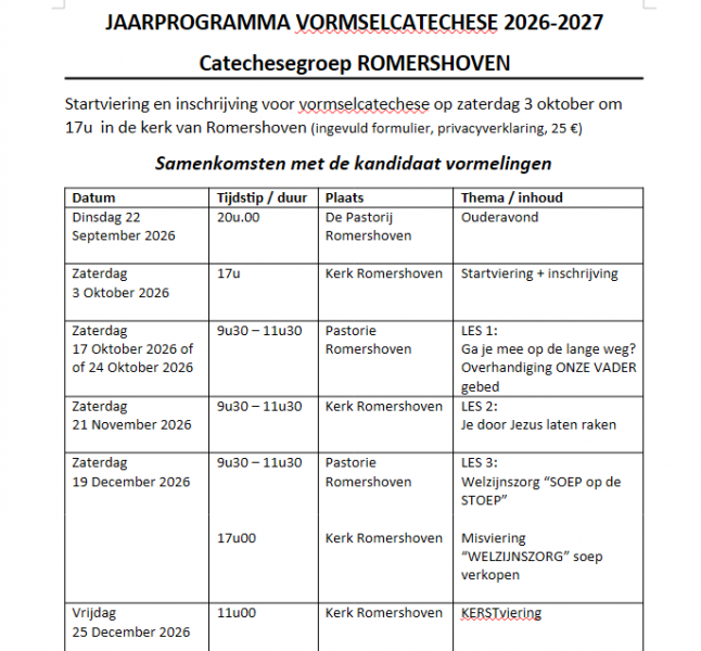 agenda catechese groep Romershoven '26-'27 