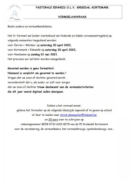 inschrijving vormsel 2022 PE OLV Krekedal Kortemark © Pastorale Eenheid O.L.V. Krekedal Kortemark
