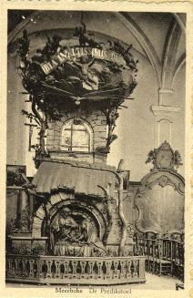 Oude zichtkaart met preekstoel uit St-Pieterskerk Meerbeke. 