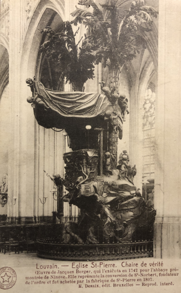 Deze prachtige preekstoel van Jacques Berger uit 1742 stond ooit in de Abdijkerk van Ninove... In 1807 werd hij aan de kerkfabriek Sint-Pieter Leuven verkocht. Daar pronkt hij nog steeds. © met dank aan Paul Matthys voor de originele postkaart