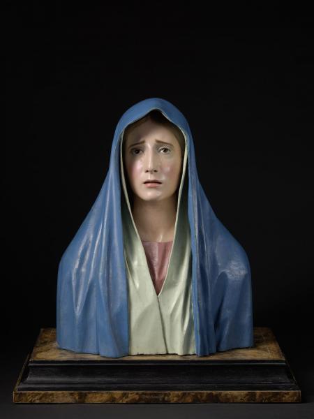 Detail van : Pedro de Mena, Mater Dolorosa, c. 1680, Polychrome wood with reverse painted glass eyes, 49 x 39 x 22 cm MNHA, Luxemburg (on loan from a private collection), inv. 2016-D009/002  © © Dominique Provost