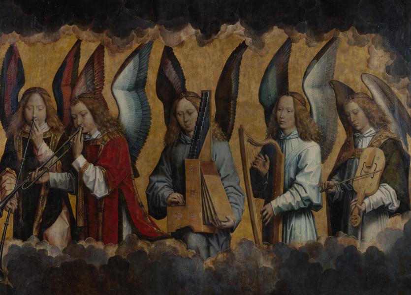 Op het rechterpaneel opnieuw musicerende engelen. We herkennen de rechte trompet, trompet in lusvorm, draagbaar orgeltje, harp en vedel. © KMSKA