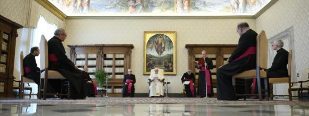 Paus Franciscus tijdens de algemene audiëntie van woensdag 13 mei 2020 in de bibliotheek van het pauselijke paleis © VaticanMedia