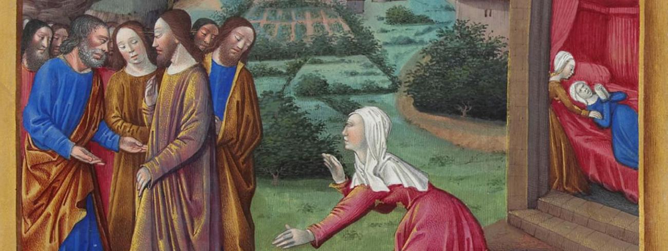 Jezus en de Kananese vrouw, Miniatuur door Jean Colombe, uit het getijdenboek 'Les très riches heures du Duc de Berry', 15de eeuw, Musée Condé, Chantilly, Frankrijk. 