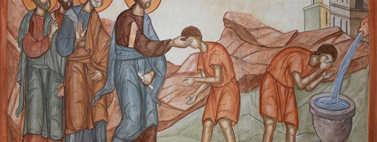 Fresco in de orthodoxe Andreaskerk: genezing van de blindgeborene © J.P. Vanhopplinus