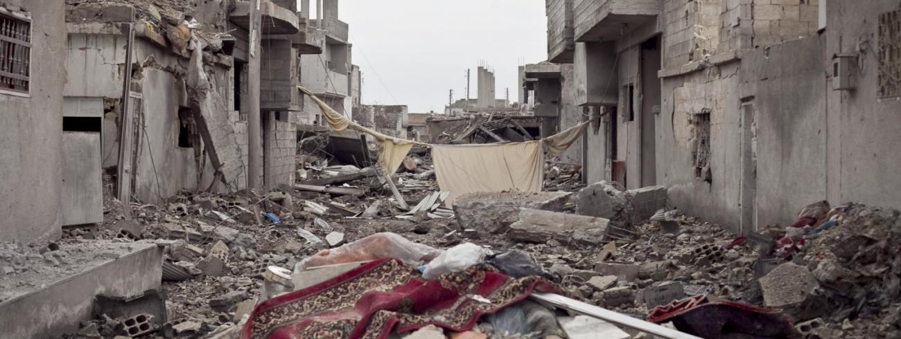 De stad Kobane in het noorden van Syrië ligt net als andere delen van het land in puin en is zo goed als ontvolkt. © tl
