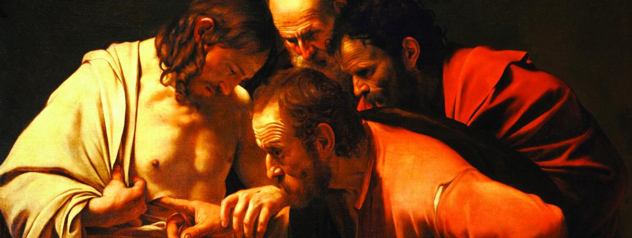 Waar was Thomas eigenlijk toen Christus zich een eerste keer toonde? Was hij misschien als enige van de apostelen niet angstig? Was hij al het evangelie gaan verkondigen nog voordat hij Christus verrezen zag? (schilderij: Caravaggio, De ongelovige Thomas. © Wikimedia