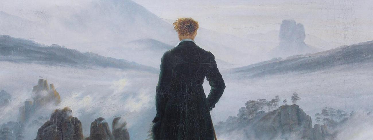 Caspar David Friedrichs bekende schilderij Wandelaar boven de nevelen toont hoe de mens tegenover de grootsheid van de natuur naar binnen keert. © rr