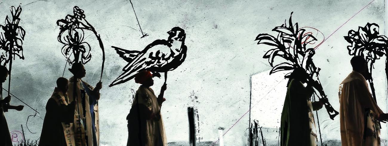 More Sweetly Play the Dance is een tot leven gewekte houtsnede, een combinatie van animatie en schimmenspel die zich aftekent tegen een schokkerig oplichtende achtergrond.  © William Kentridge