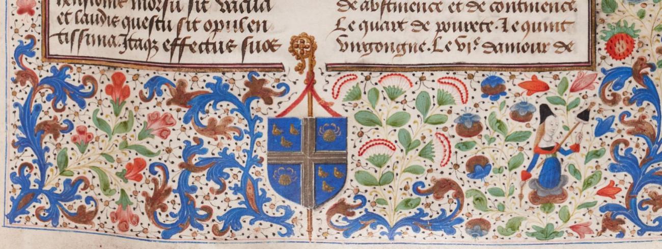 Het wapenschild van Jan Crabbe, onderaan in de randdecoratie. (AGSB, Ms. 158/189, fol. 1r) © stad Brugge