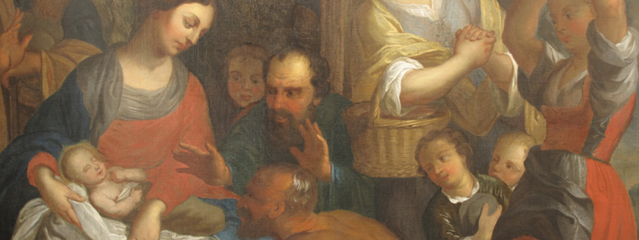 Aanbidding door de herders. Zijaltaar Sint-Pietersbandenkerk Erwetegem (Zottegem), anonieme meester, eind 17de-begin 18de eeuw. 