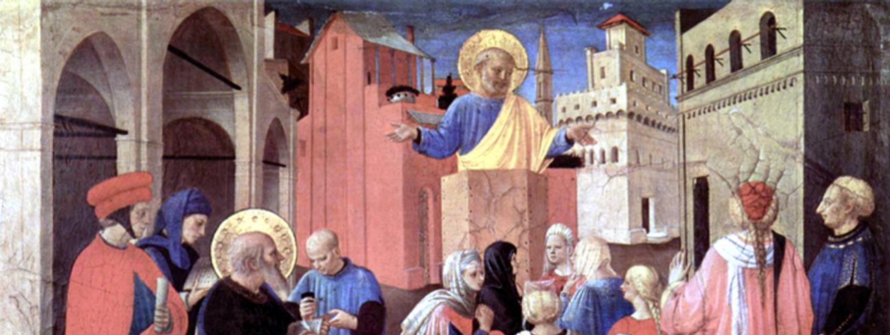 De evangelist Marcus noteert tijdens de prediking van Petrus - Fra Angelico 1433, San Marco Firenze © Bijbel in 1000 seconden, Chantal Leterme
