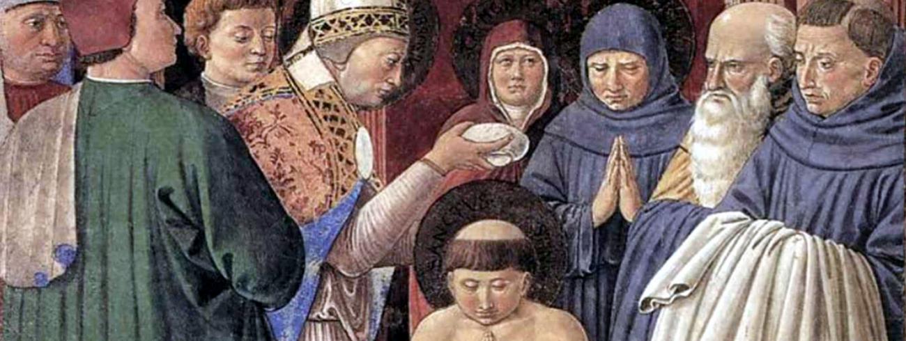 Ambrosius doopt Augustinus, fresco van Benezzo Gozolli, 1464, Augustinuskerk San Gimignano 
