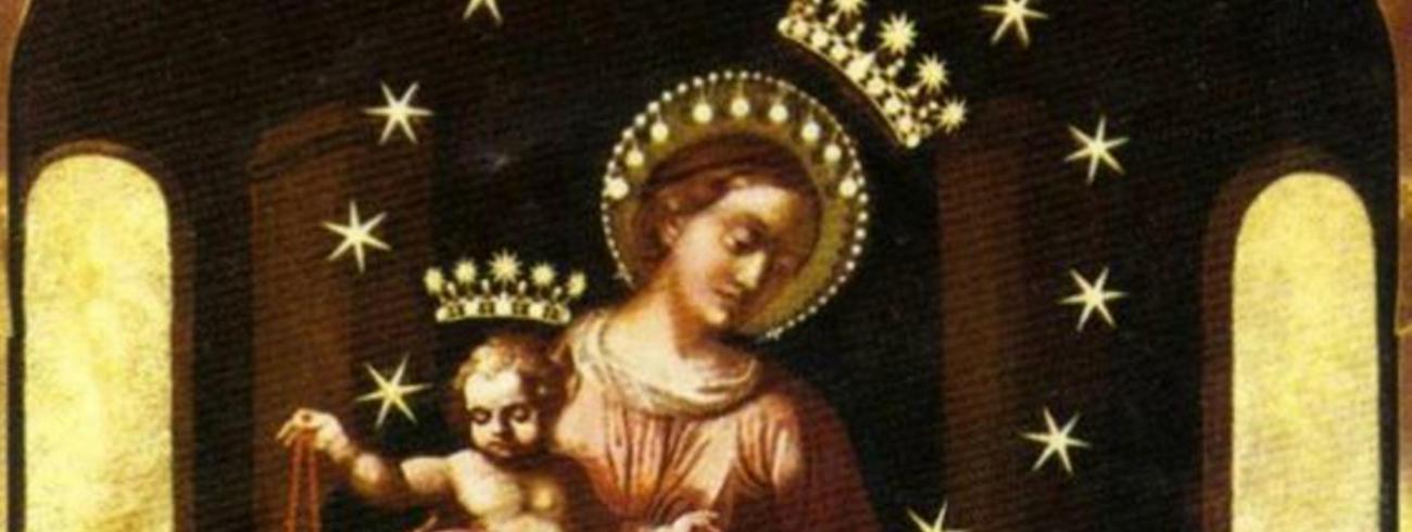 Onze-Lieve-Vrouw geeft de rozenkrans aan Dominicus en Catharina van Siëna, Pompeï 